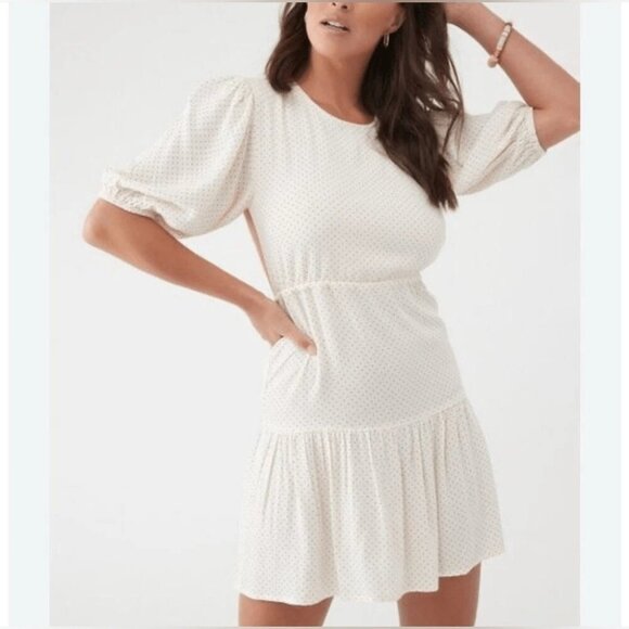 O'Neill Dresses & Skirts - ONeill Mini Dress Size XL Tiered Polka Dot Open Back Elbow Sleeve Ivory Brown